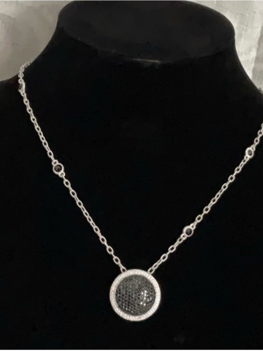 Judith Ripka Silver and Black Pavé Circle Pendant Necklace